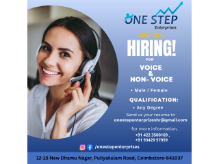 Onestep Enterprises hiring for Voice and non voice process jobs in Coimbatore